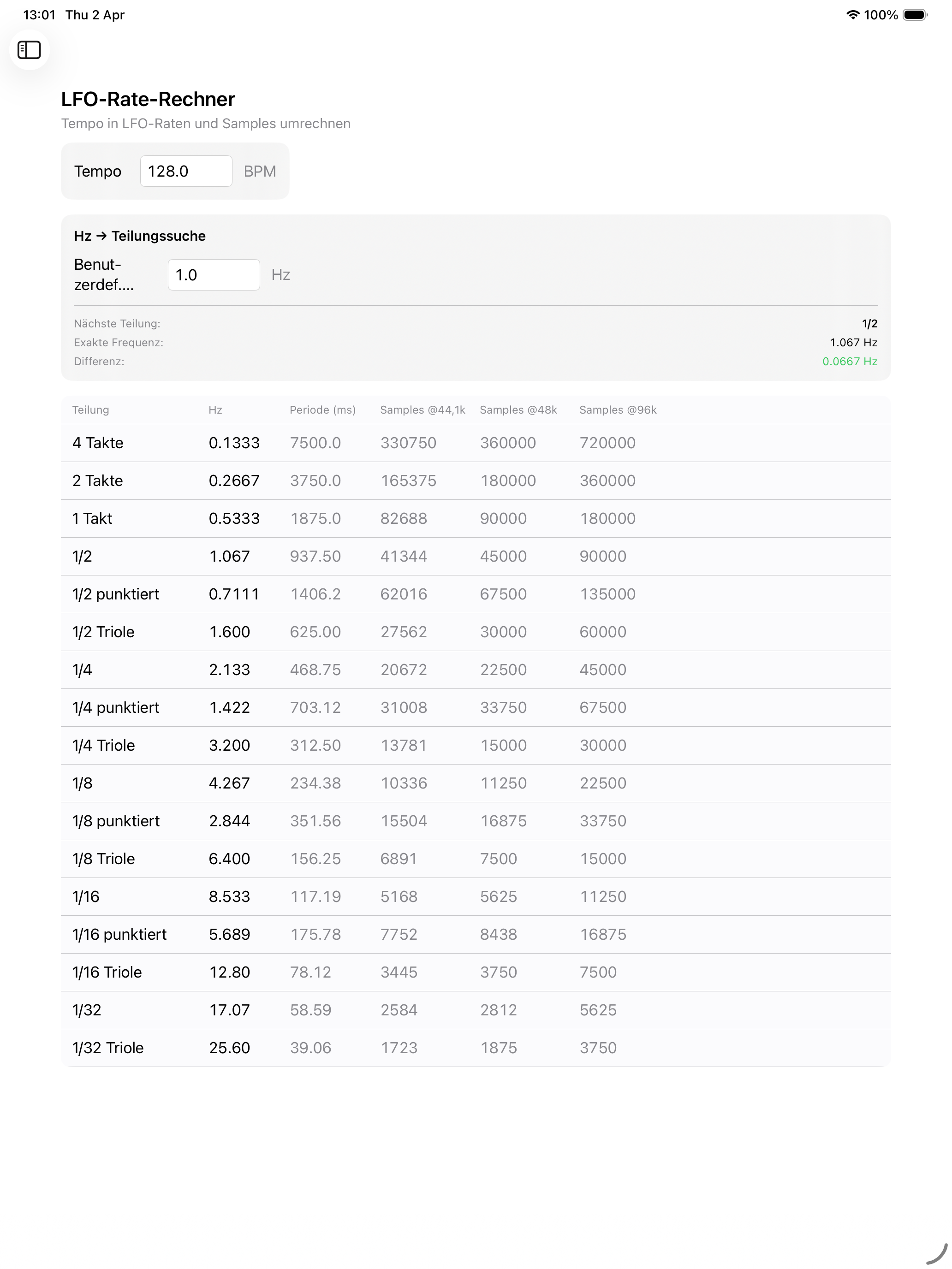 LFO-Rate-Rechner auf iPad